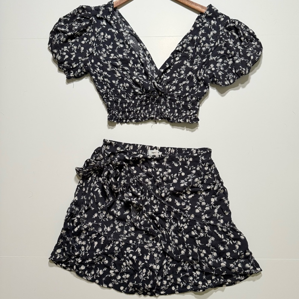 Hashtag Women’s Crop Top with Wrap Skirt SET Black and White Floral, S/M